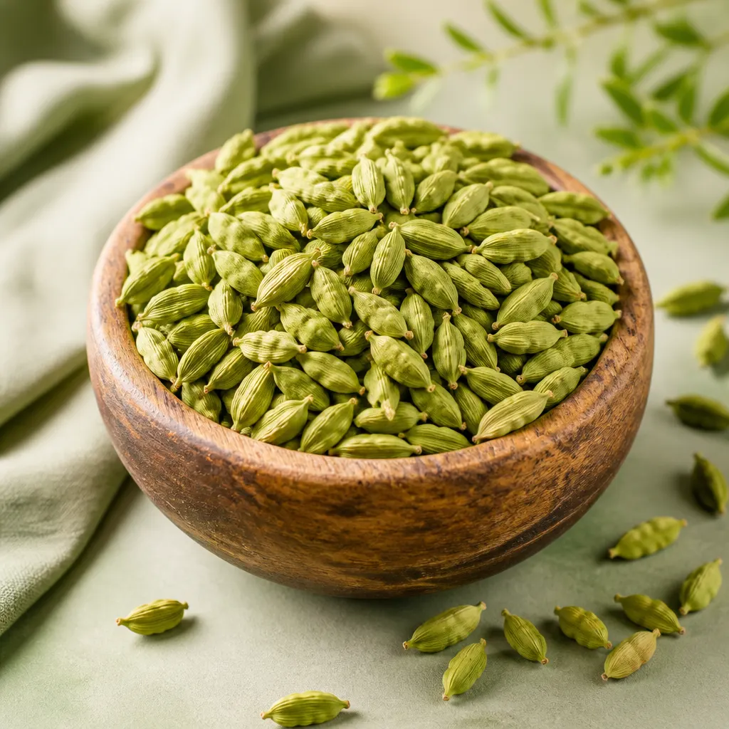 Wooden bowl of green cardamom pods